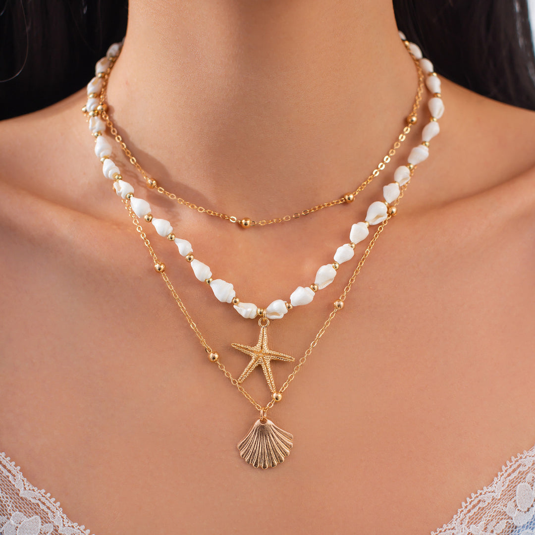 Beach Vacation Three-Layer Shell Starfish Jewelry Set, Irregular White Pearl Layered Choker & Chunky Chain Pearl Bracelet 2-Piece Jewelry Set