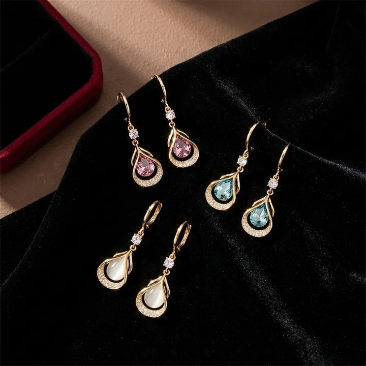 Hollow Waterdrop Gem Hoop Earrings, Luxury Teardrop Gem Dangle Earrings, 3 Colors For Women