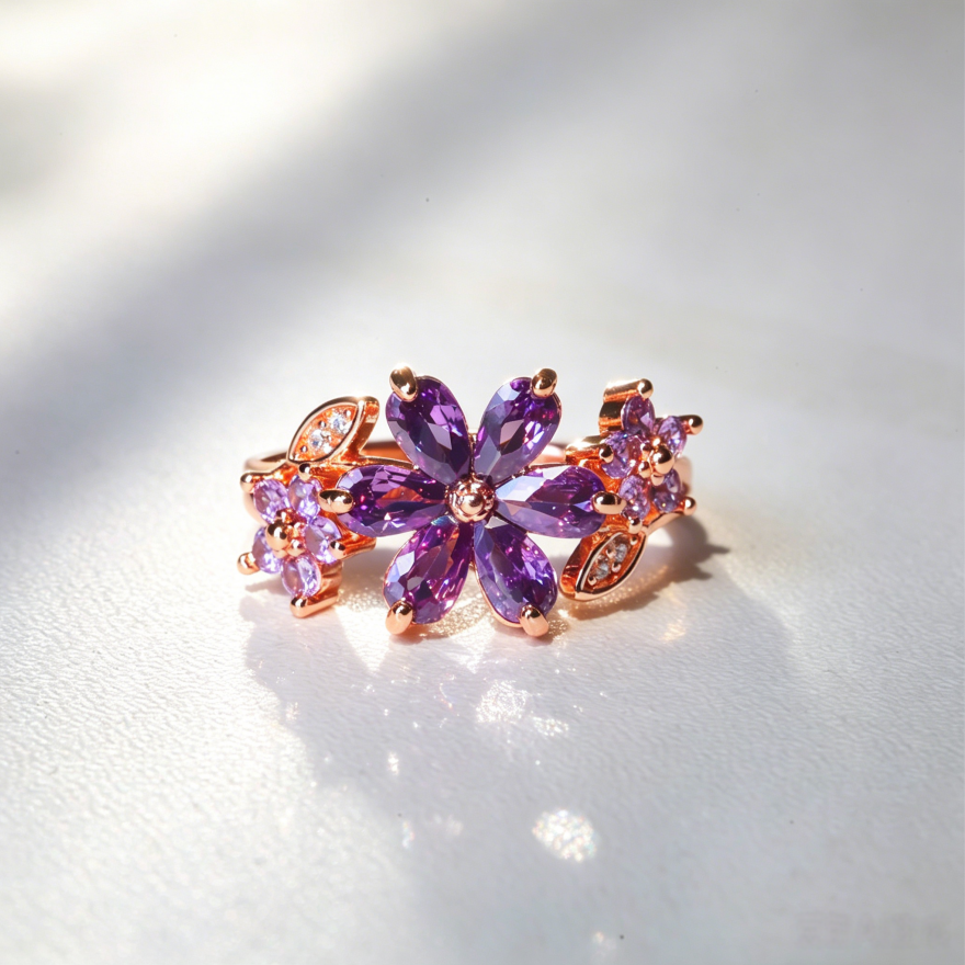 Vintage Amethyst Floral Open Ring, Luxury 3-Flower Diamond Adjustable Women Statement Ring