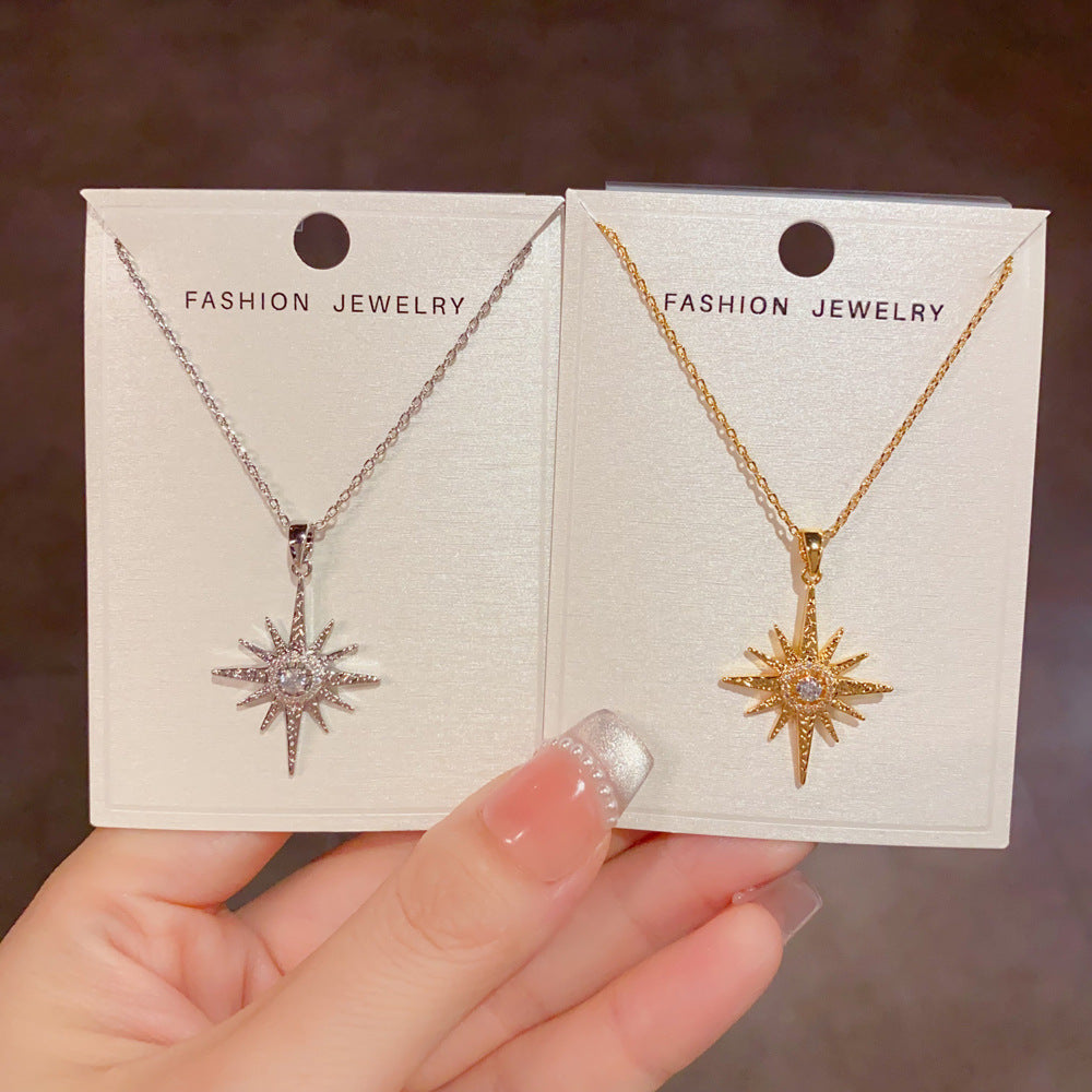Vintage Eight‑Pointed Star Diamond Pendant Necklace, S925 Silver Two‑Tone Celestial‑Theme Women’s Collarbone Necklace