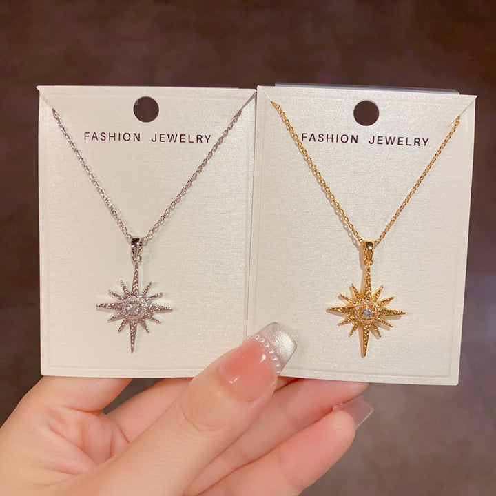 Vintage Eight‑Pointed Star Diamond Pendant Necklace, S925 Silver Two‑Tone Celestial‑Theme Women’s Collarbone Necklace