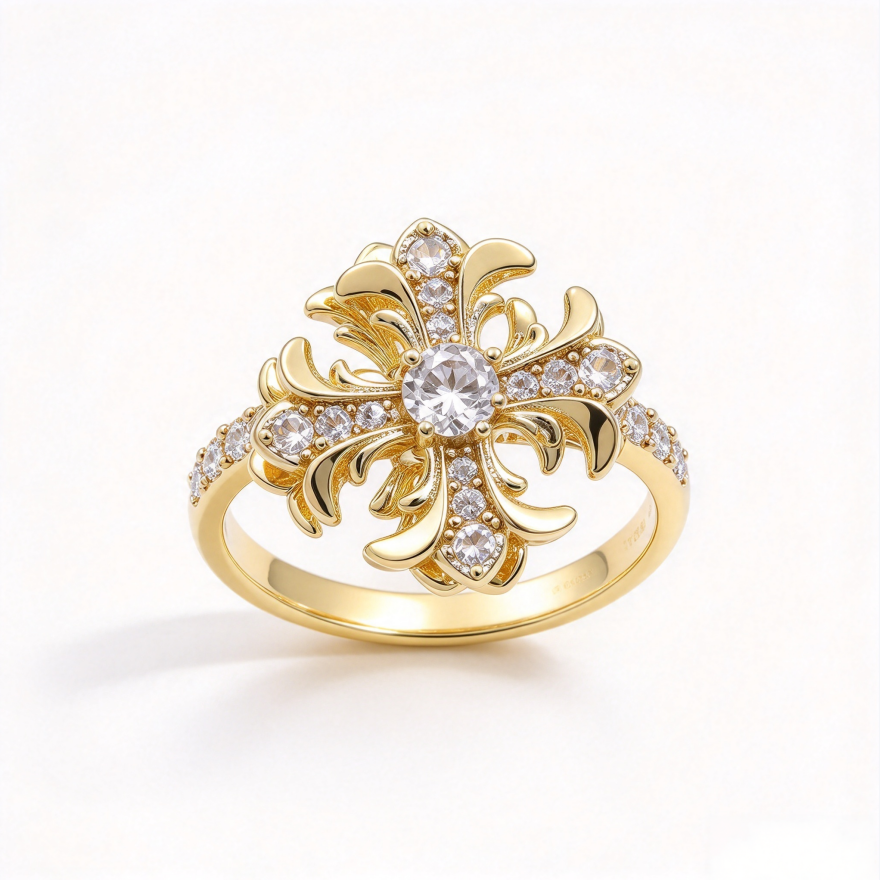 Vintage Carved Cross S925 Silver Ring, Luxury Palace Style 3D Diamond Inlaid Ring, Gorgeous Banquet Ring in Gold & Silver Two Tones