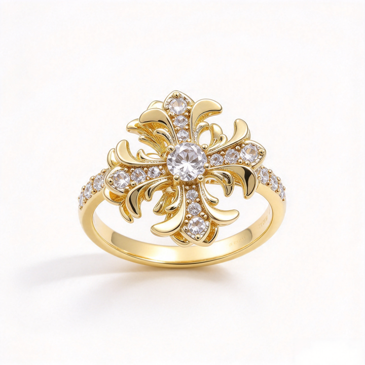 Vintage Carved Cross S925 Silver Ring, Luxury Palace Style 3D Diamond Inlaid Ring, Gorgeous Banquet Ring in Gold & Silver Two Tones