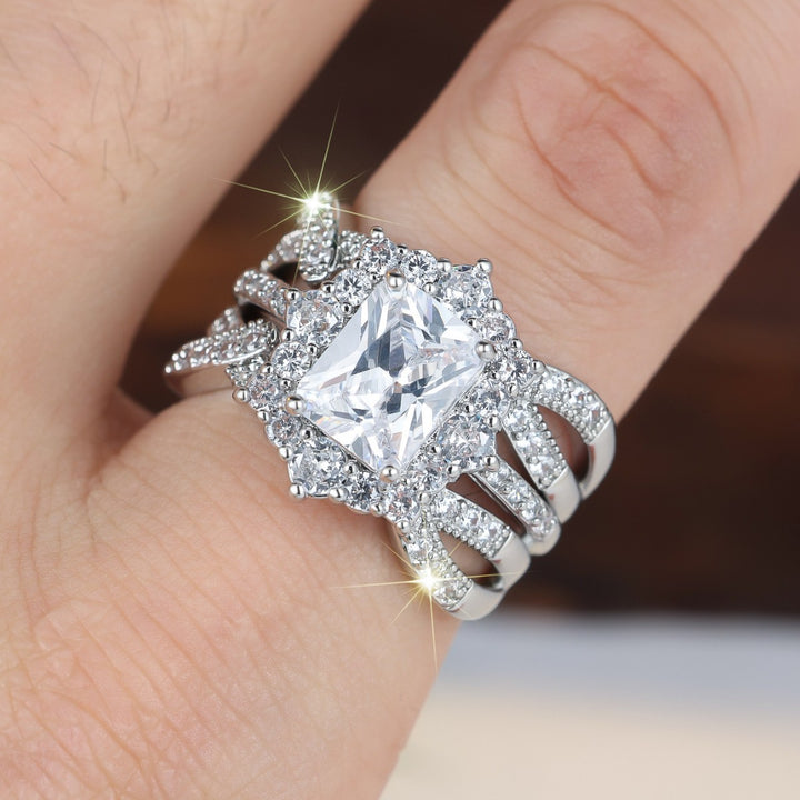 Radiant Cut Rectangle DiamondDouble Stackable Bridal Ring Set, Solid S925 Silver Gold & Silver Two-Tone Pave Crystal Engagement 2-Piece Band