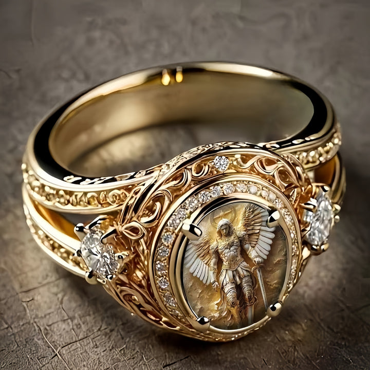 Vintage Embossed Angel Paved Crystal Heavy Signet Ring, S925 Silver Gold Plated Luxury Retro Wide Band For Men