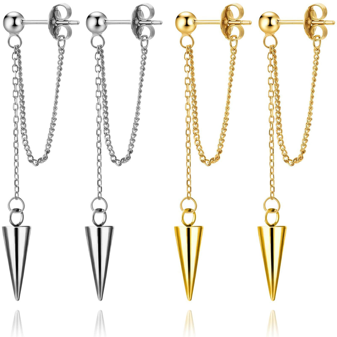 Double Chain Cone Spike Long Stud Earrings, Punk Taper Tassel Jewelry Gold Silver Black S925 Silver Dangles