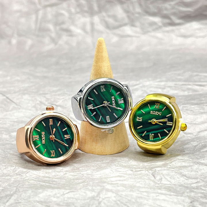 S925 Silver Vintage Watch Ring, Malachite‑Green Dial Roman Numeral Functional Wrist‑Watch‑Style Ring