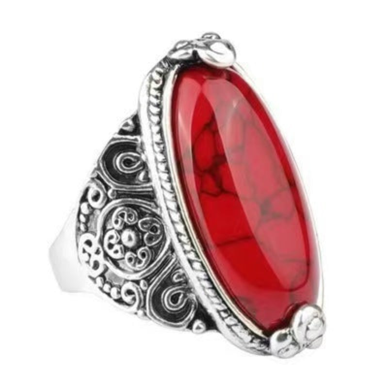 Ethnic Oval Veined Stone Antiqued Wide Ring, Solid S925 Silver 3-Color Turquoise Pattern Band