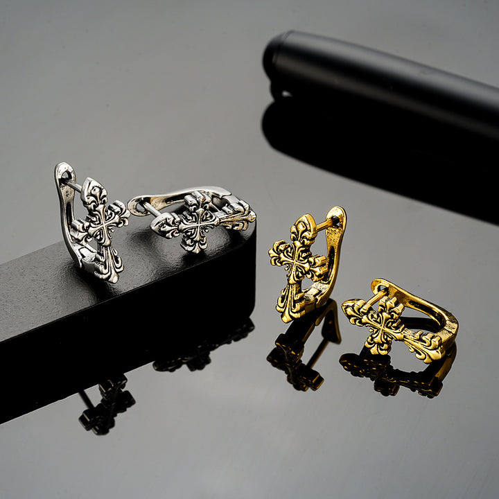 Vintage Carved Cross Hoop Earrings, Antique Retro Cross Ear Cuffs