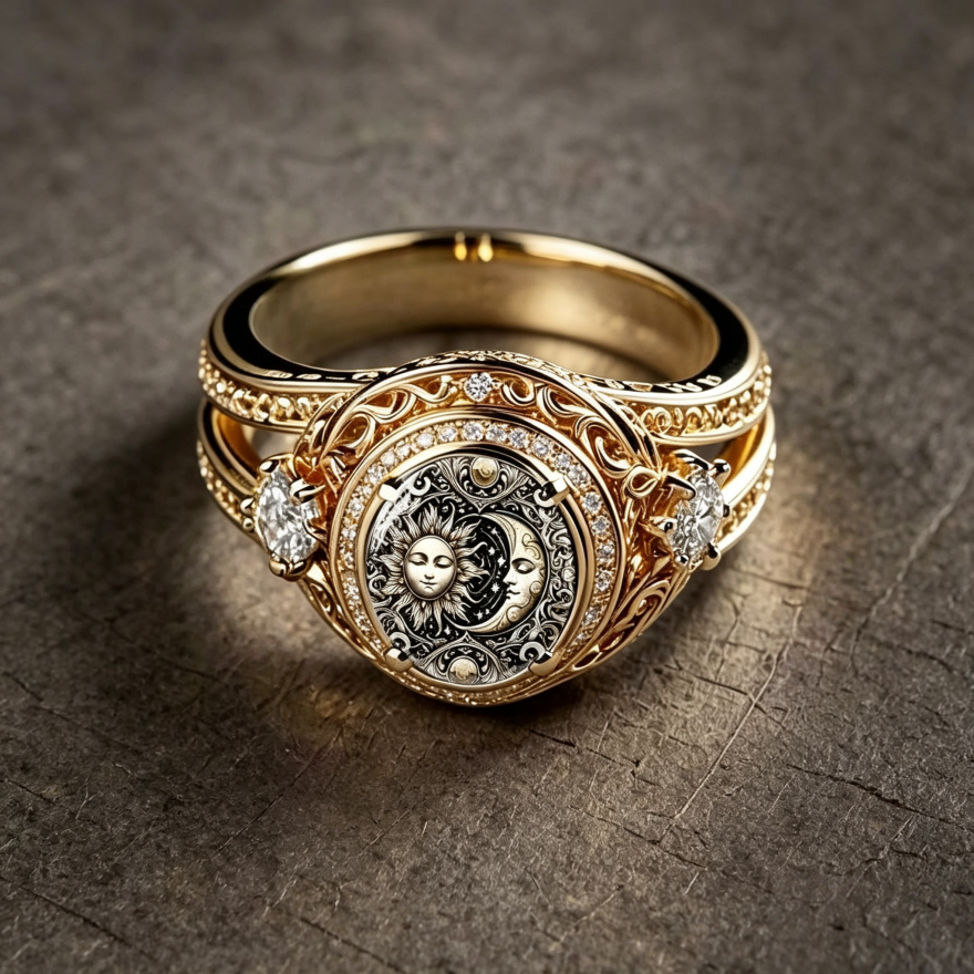 Vintage Sun Moon Embossed Hollow Diamond Ring, S925 Silver 14K Gold Plated Royal Carved Luxury Band For Couple