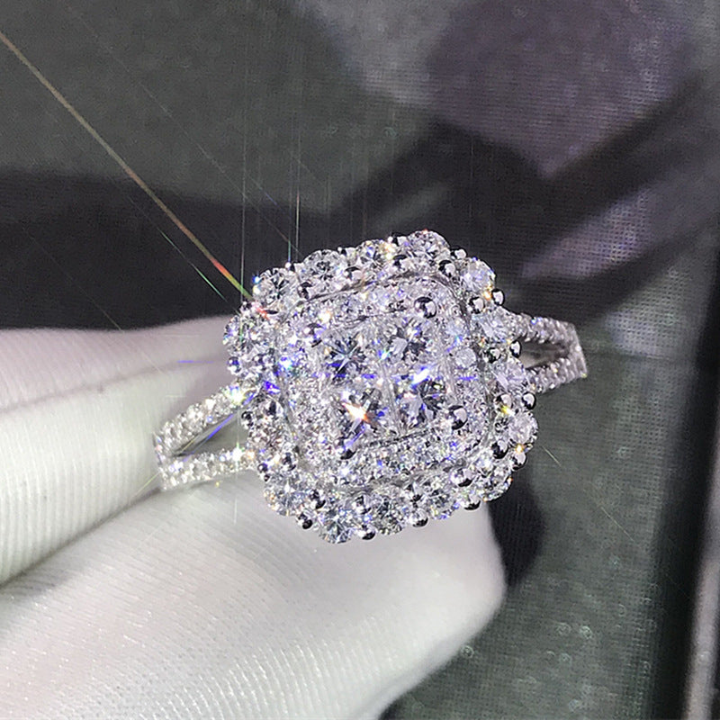 Emerald Cut Halo Paved Ring, Gold & Silver Luxury Double Shank Engagement Wedding Band for Women