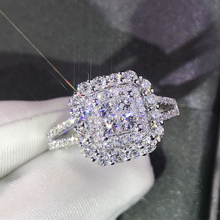 Emerald Cut Halo Paved Ring, Gold & Silver Luxury Double Shank Engagement Wedding Band for Women