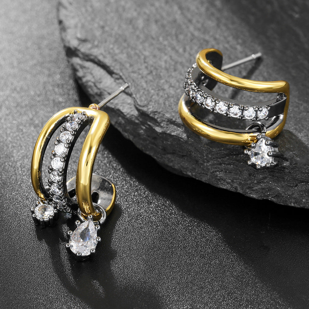 Two-Tone Triple C-Shape Diamond Drop Earrings, Vintage Gold & Gunmetal Luxury Dangle Hoops for Women