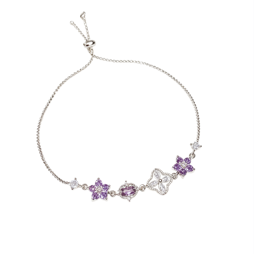 Purple‑Diamond Flower & Clover Adjustable Bracelet