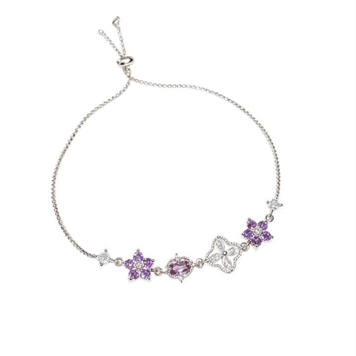 Purple‑Diamond Flower & Clover Adjustable Bracelet