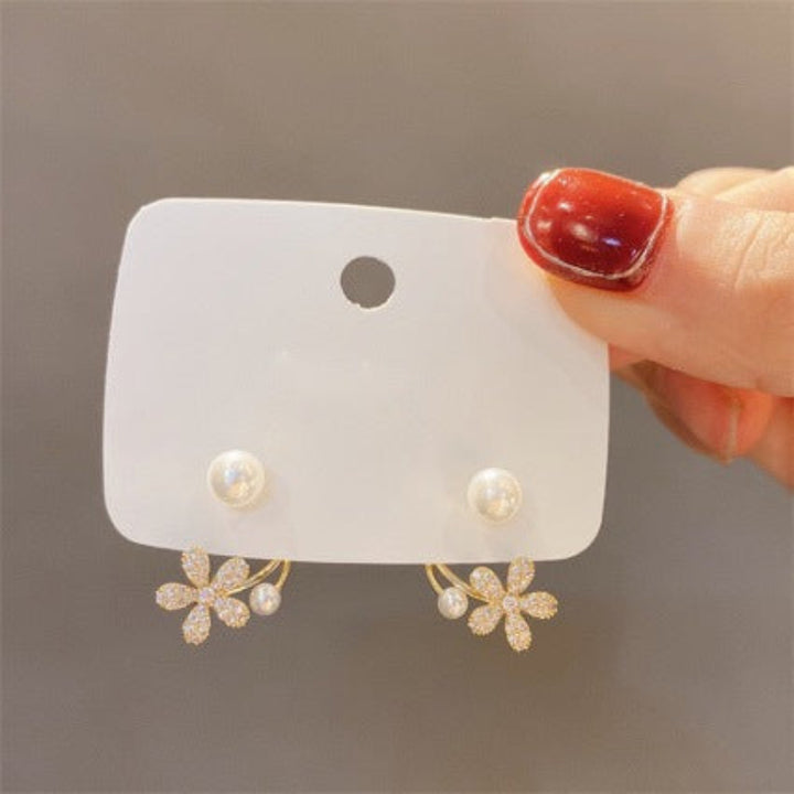 Pavé Diamond Flower Pearl S925 Silver Stud Earrings, Unique Curved Double Pearl Floral Jewelry