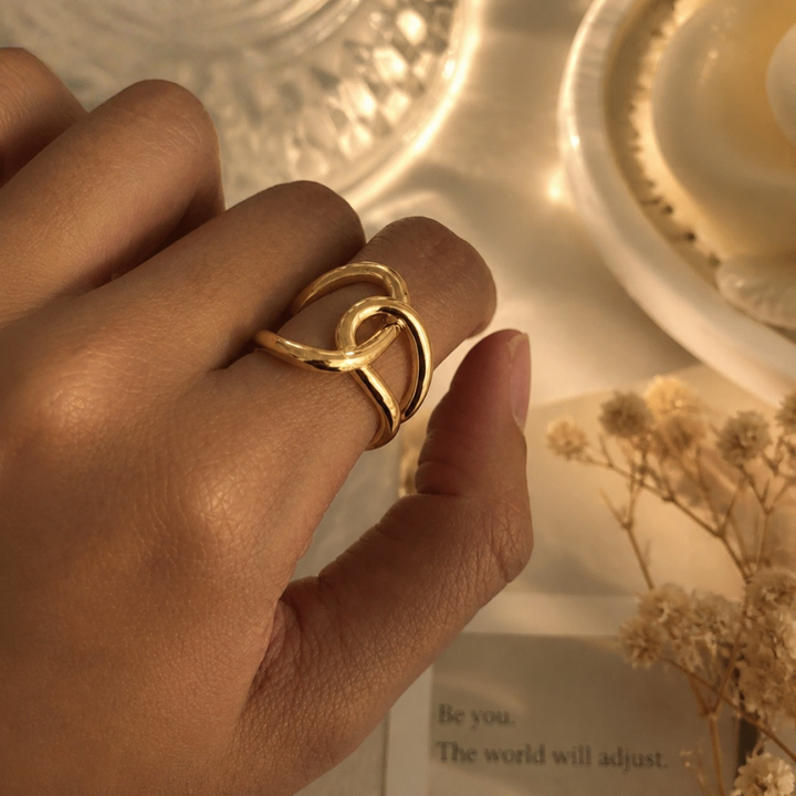 Double Twisted Interlocked Plain Band Ring, Gold & Silver Minimalist Thick Polished Ring