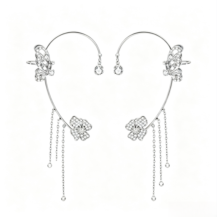 Butterfly Flower Tassel Integrated Ear Cuff, Non-Pierced Paved Diamond Long Ear Wrap Gold & Silver Fairy Dangle Jewelry