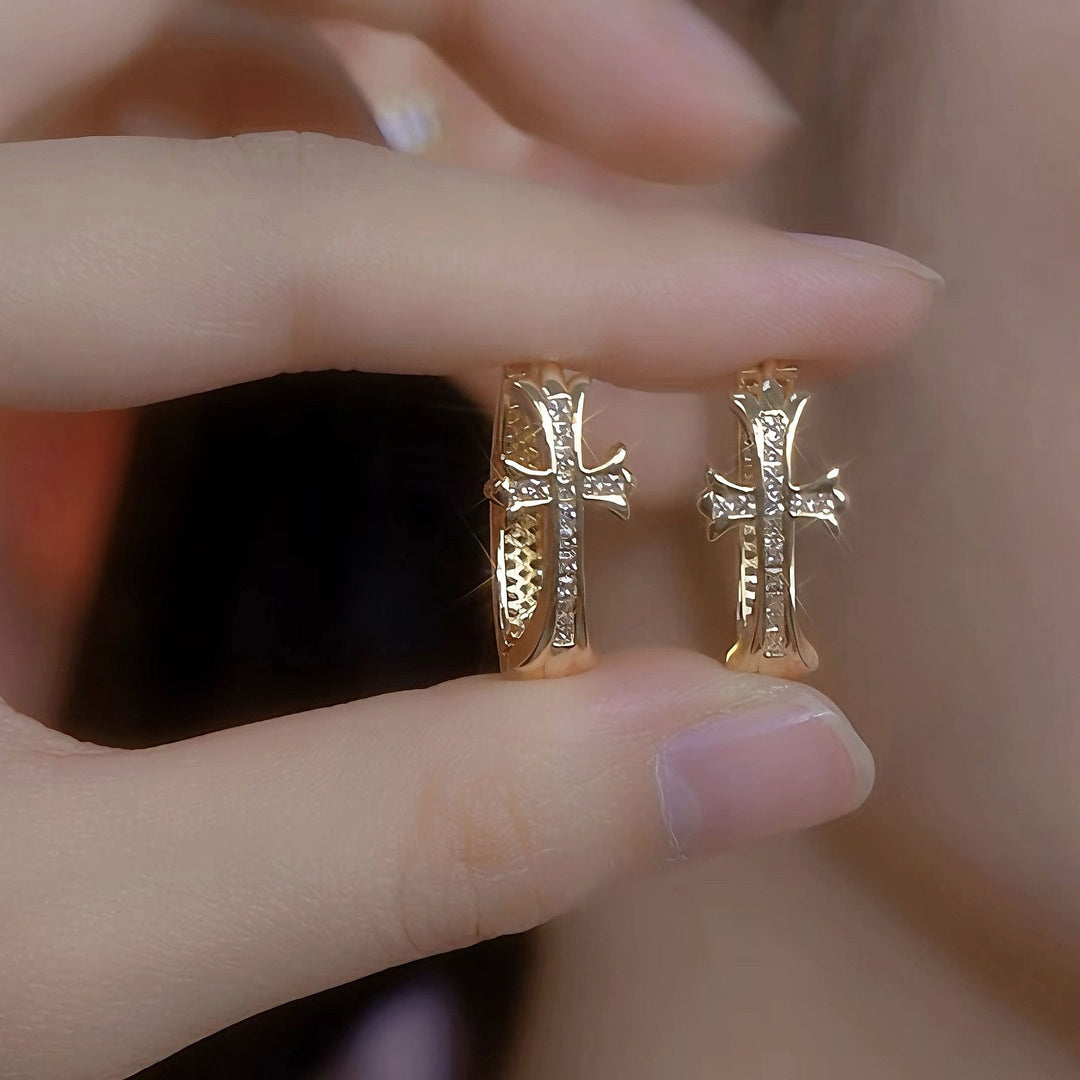 Vintage Cross Pavé Huggie Earrings (Light Luxury Niche Edgy Sweet Earrings)