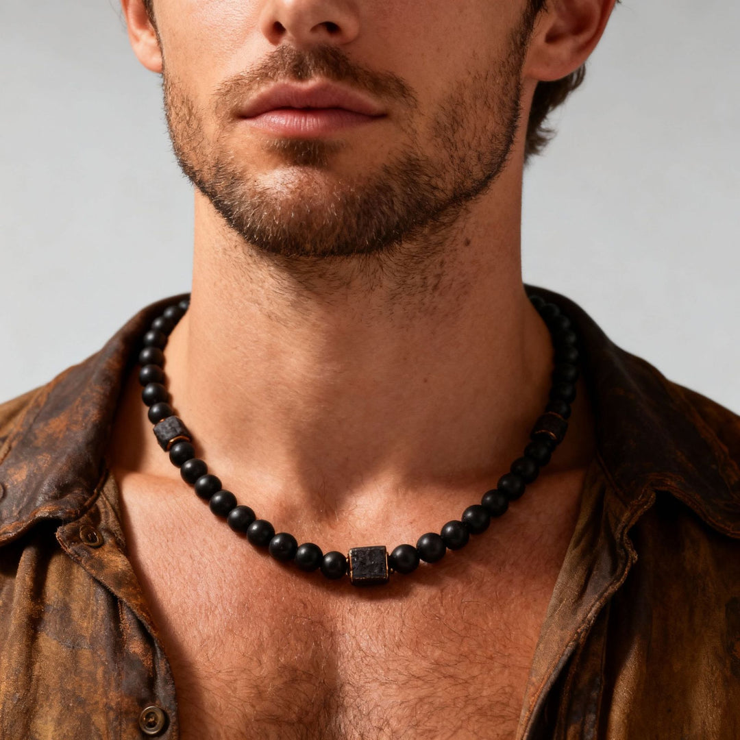 Matte Black Lava Stone Men Bracelet & Necklace Set, Vintage Frosted Beads Neutral Adjustable Jewelry Set