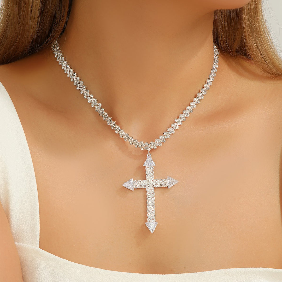 Full-Pavé Cross Pendant V-Shape Tennis Chain Necklace (Silver Tone Evening Jewelry)