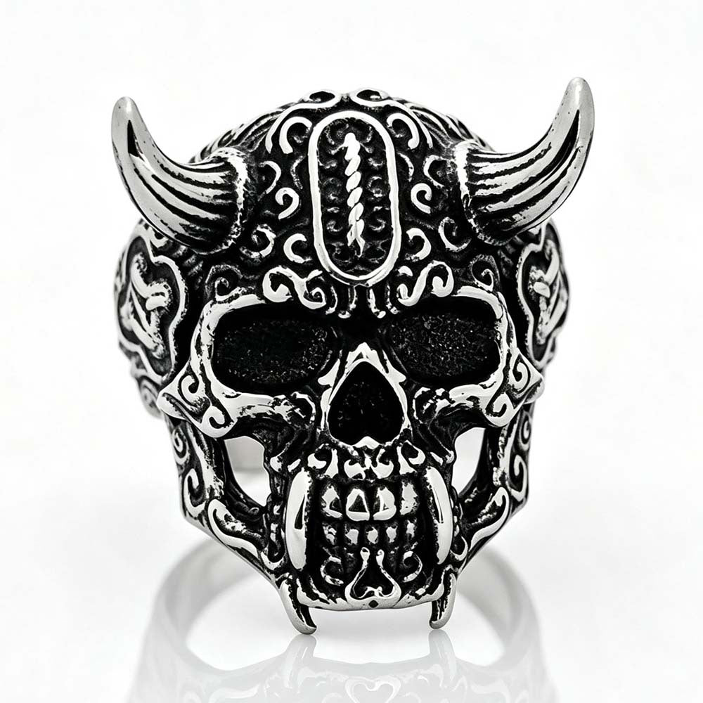 Horned Tusk Carved Skull Ring, S925 Silver Antiqued Viking Gothic Dark Statement Band For Men