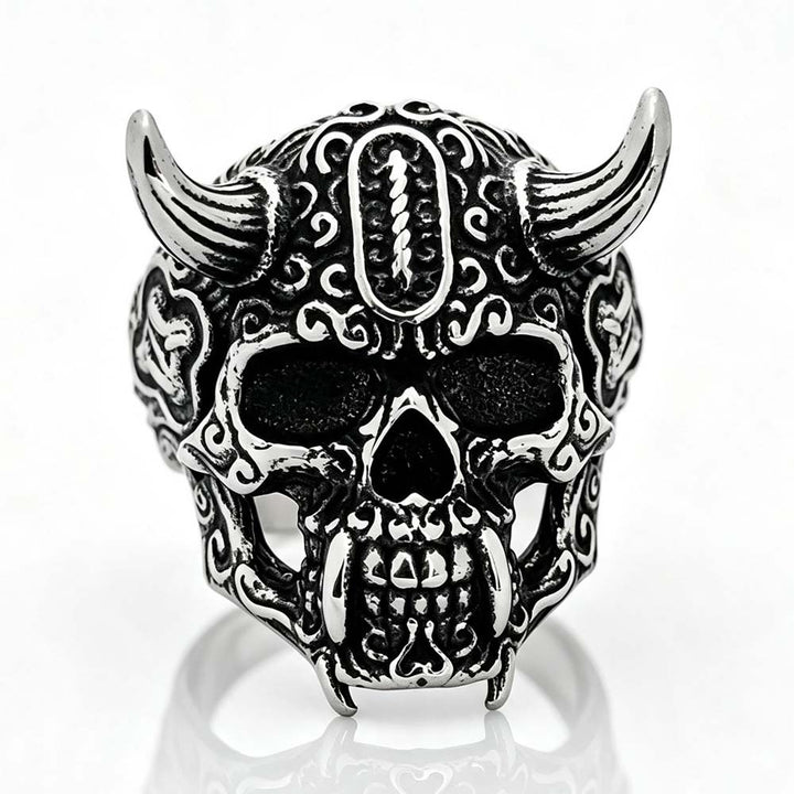 Horned Tusk Carved Skull Ring, S925 Silver Antiqued Viking Gothic Dark Statement Band For Men