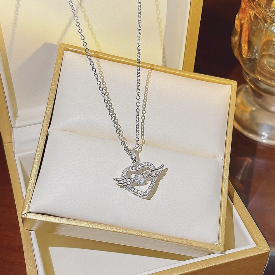 Angel Wing Heart S925 Silver Necklace, Gold Silver Rose Gold Three-Tone Hollow Heart Pendant Choker, Romantic Diamond Ladies Necklace
