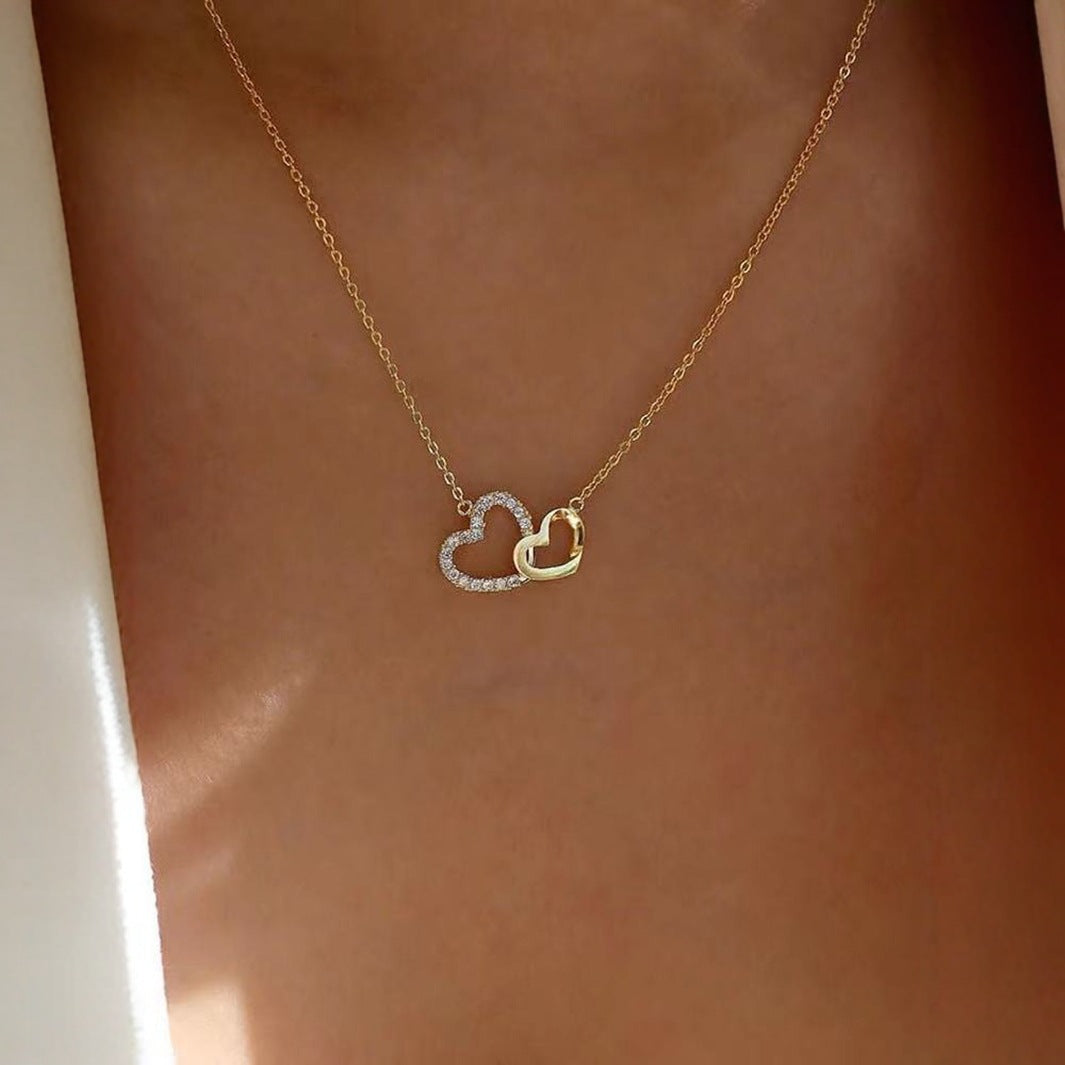 Interlocking Double Heart Paved Diamond Necklace, Minimalist Luxury Dainty Pendant Necklace for Women