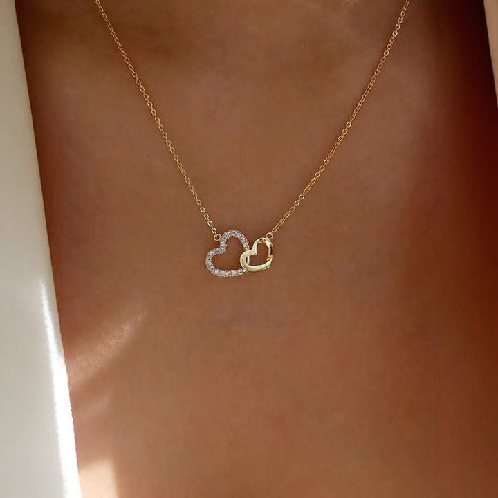 Interlocking Double Heart Paved Diamond Necklace, Minimalist Luxury Dainty Pendant Necklace for Women