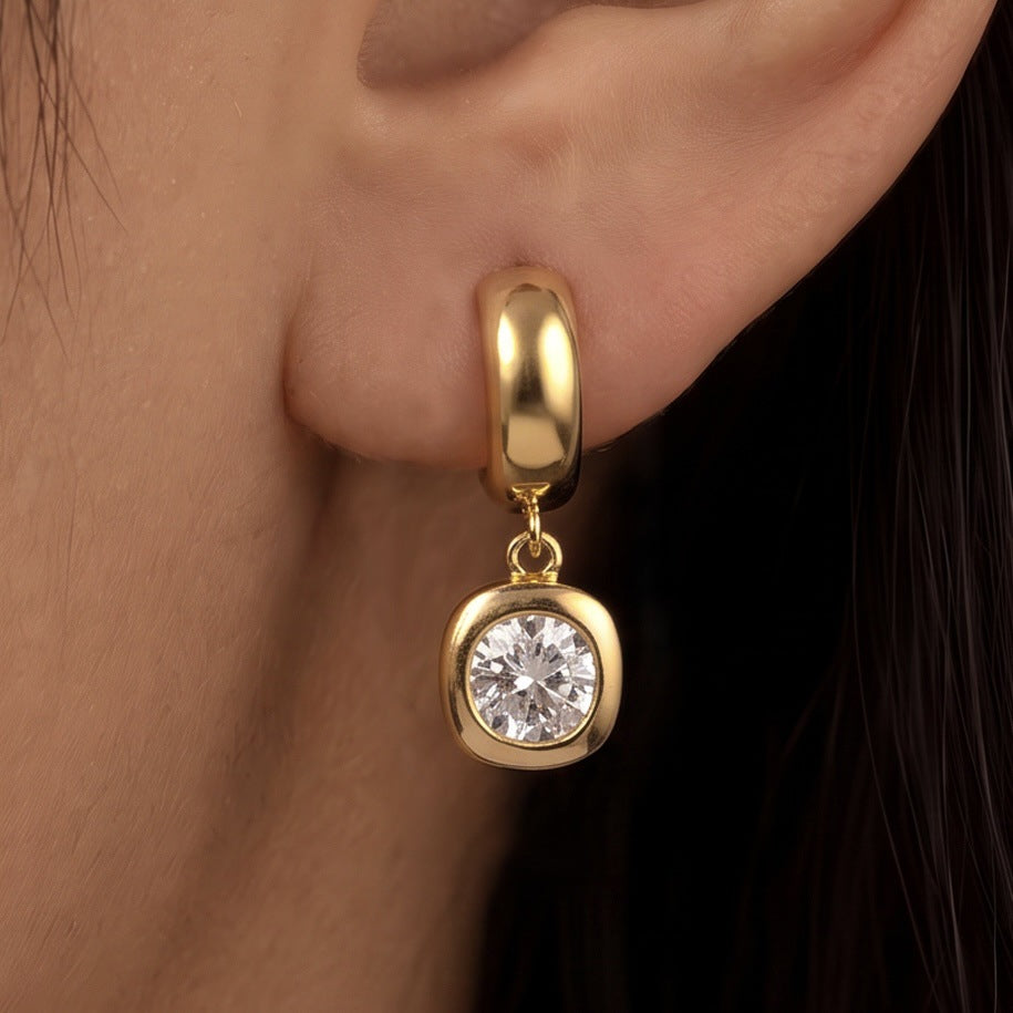 S925 Silver Bezel Set Round & Pear Diamond Huggie Earrings, Polished Hoop Removable Charm Drop Earrings