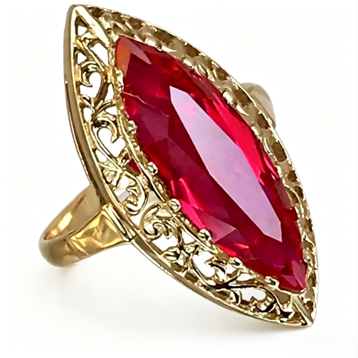 Marquise‑Cut Red Stone Vintage Filigree Gold‑Tone Ring