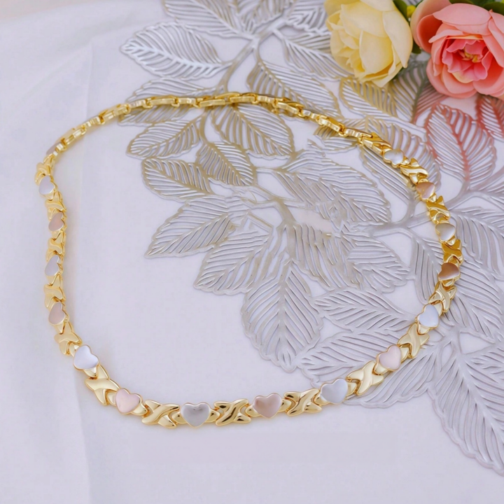Sweet Two-Tone Enamel Heart Jewelry Set, 3Pcs Necklace Bracelet Earrings Heart Matching Jewelry