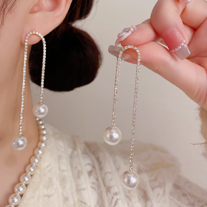 Pavé U-Shape Pearl Drop Threader Earrings (2 Colors Delicate Luxury Jewelry)