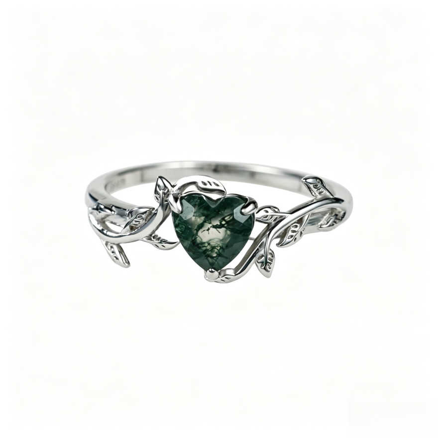Vine Heart Moss Agate Ring, Silver Vintage Forest Style Heart Gemstone Band For Women
