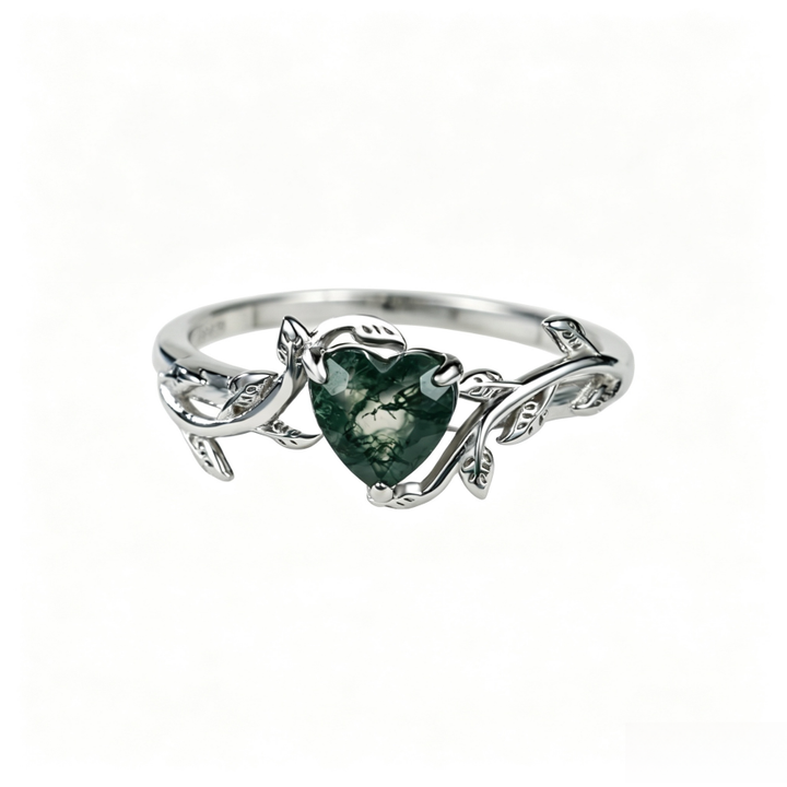 Vine Heart Moss Agate Ring, Silver Vintage Forest Style Heart Gemstone Band For Women