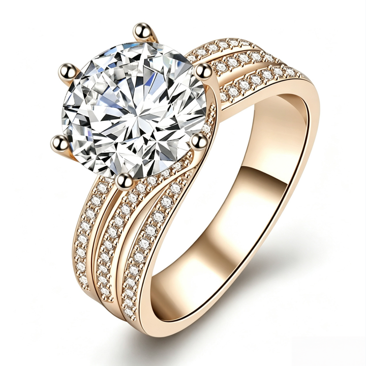 Six‑Prong Main Diamond Three‑Row Paved S925 Sterling Silver Ring, 3 Colors Available