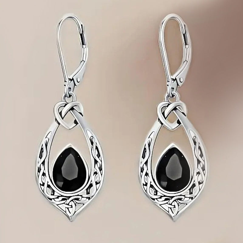 Vintage Celtic Knot Teardrop Black Agate Drop Earrings, Antique Hollow Gothic Leverback Earrings for Women