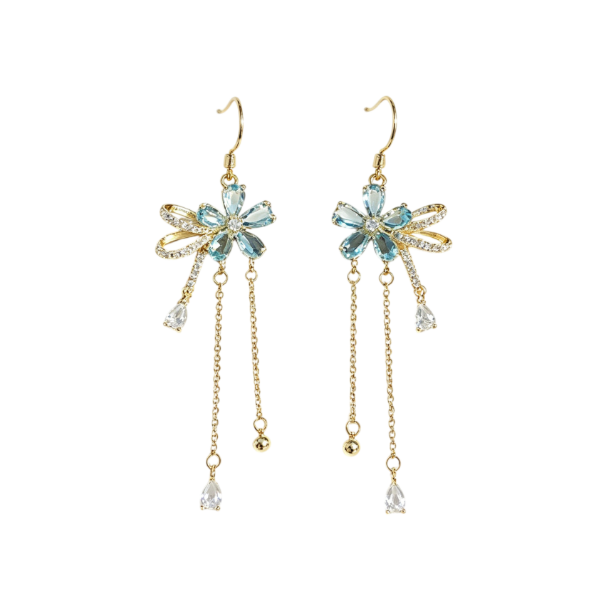 Light Blue Crystal Flower Tassel Stud Earrings, Fresh Blue Diamond Floral Long Chain Earrings, Gold & Silver Two Tones Available