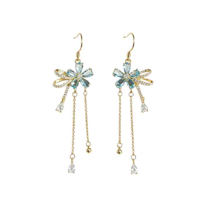 Light Blue Crystal Flower Tassel Stud Earrings, Fresh Blue Diamond Floral Long Chain Earrings, Gold & Silver Two Tones Available