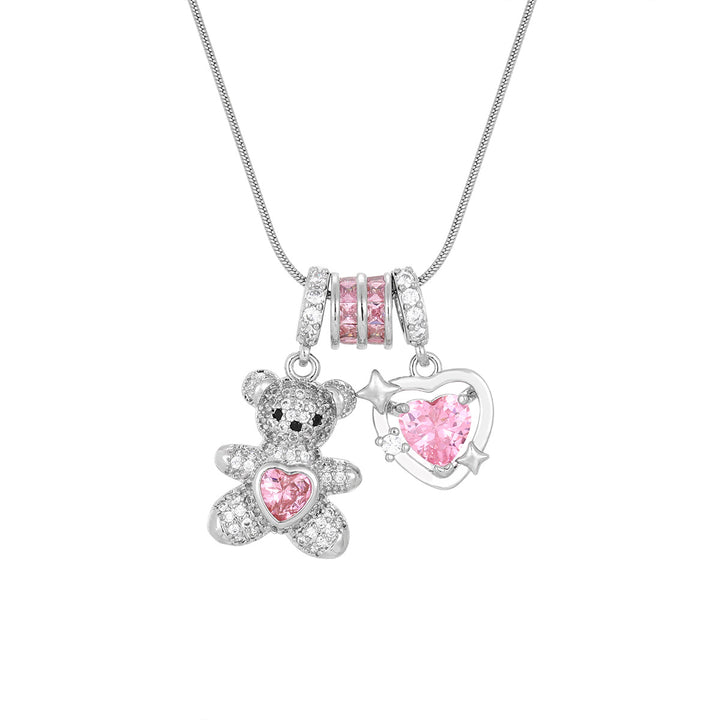 Cute Pave‑Set Bear & Heart Pendant Necklace, Gold & Silver‑Tone Options