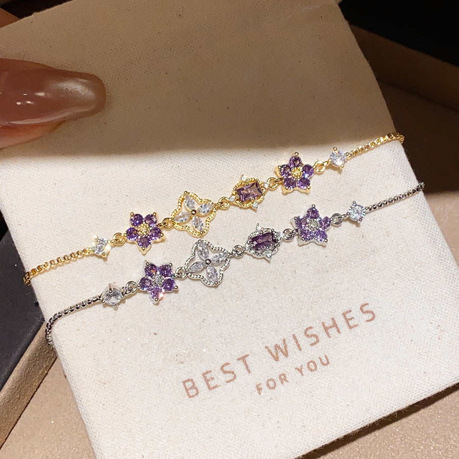 Purple‑Diamond Flower & Clover Adjustable Bracelet