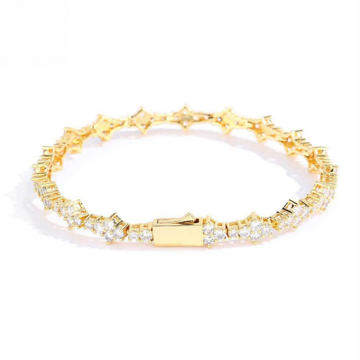 Four-Pointed Star Paved Diamond Tennis Bracelet, Gold & Silver Luxury Full Diamond Elegant Clasp Bracelet for Women