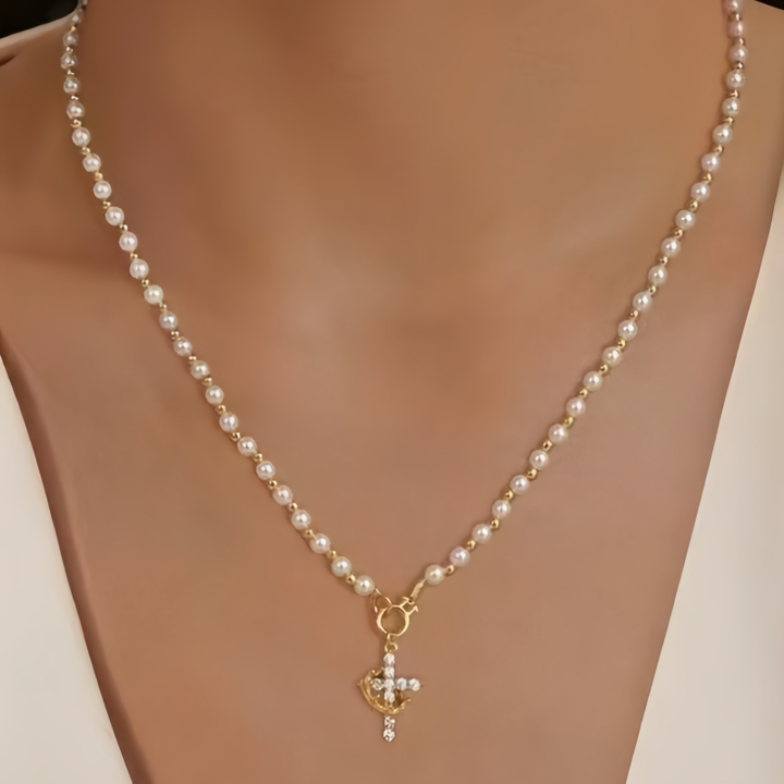 Gold-White Contrast Pearl & Pave Cross Necklace (Sweet-Cool Retro Light Luxury Style)