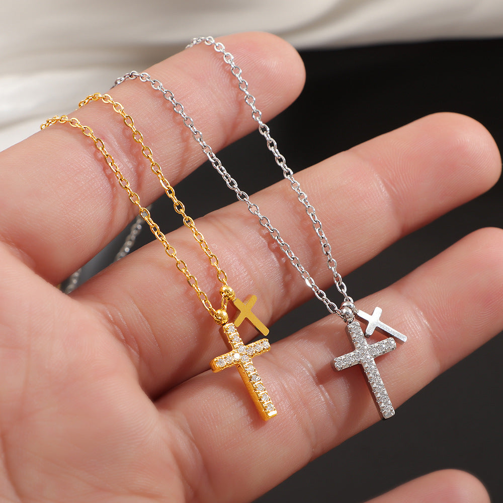 Double-Layer Cross Diamond Pendant Necklace (2 Colors Luxury Women's Chain)