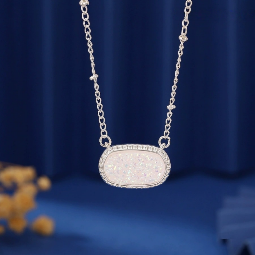 Rectangular Druzy Crystal Pendant Necklace, 14K Gold & Silver Dainty Satellite Chain, Sparkly Crushed Crystal Trendy Necklace, Multiple Colors Available