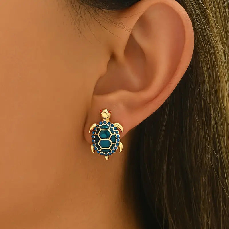 Vintage Enamel Turtle Stud Earrings, Ocean Style Paved Diamond 3D Animal Unique Earrings for Women