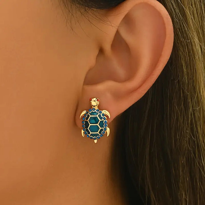 Vintage Enamel Turtle Stud Earrings, Ocean Style Paved Diamond 3D Animal Unique Earrings for Women
