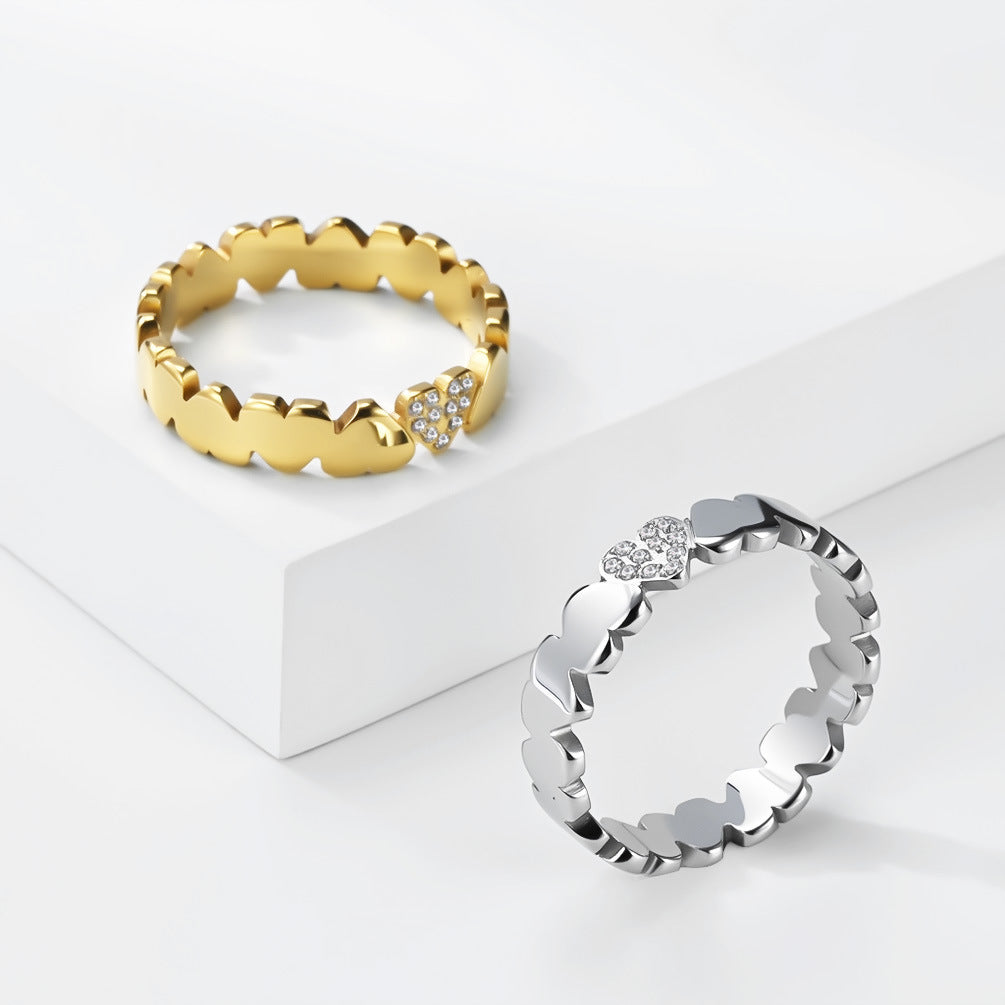 Linked Heart Eternity Band Ring, Continuous Smooth Hearts With One Pave Diamond Heart Gold Silver Romantic Stacking Ring For Women