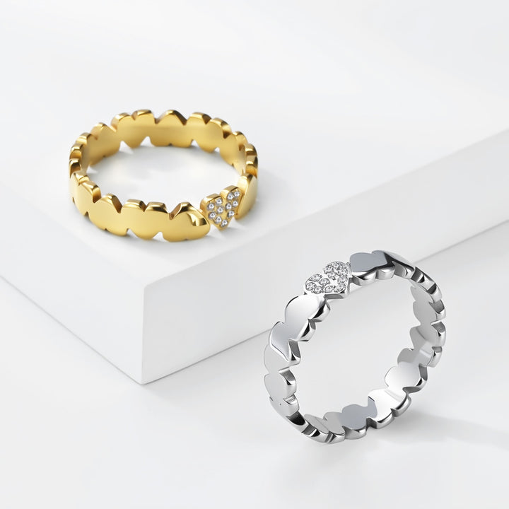 Linked Heart Eternity Band Ring, Continuous Smooth Hearts With One Pave Diamond Heart Gold Silver Romantic Stacking Ring For Women